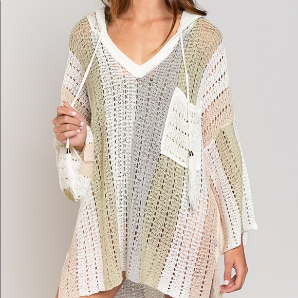 POL CLOTHING Knit stripe hoodie bikini cover up beach hoodie sweater white vneck - Picture 5 of 11